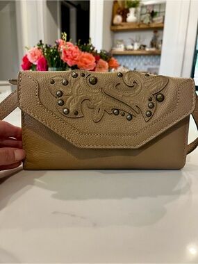 Frye Taupe Leather Studded Envelope Clutch
